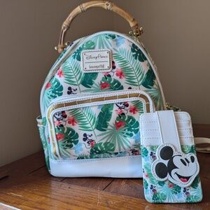 Loungefly Disney Parks Tropical Minnie & Mickey Backpack & Wallet Bamboo Handle